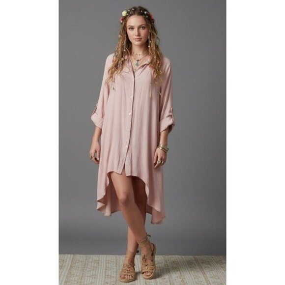 Apricot Light Pink Oversized High-Low Hem Button-Up Shirt Dress Women's Size 12 - Picture 1 of 9